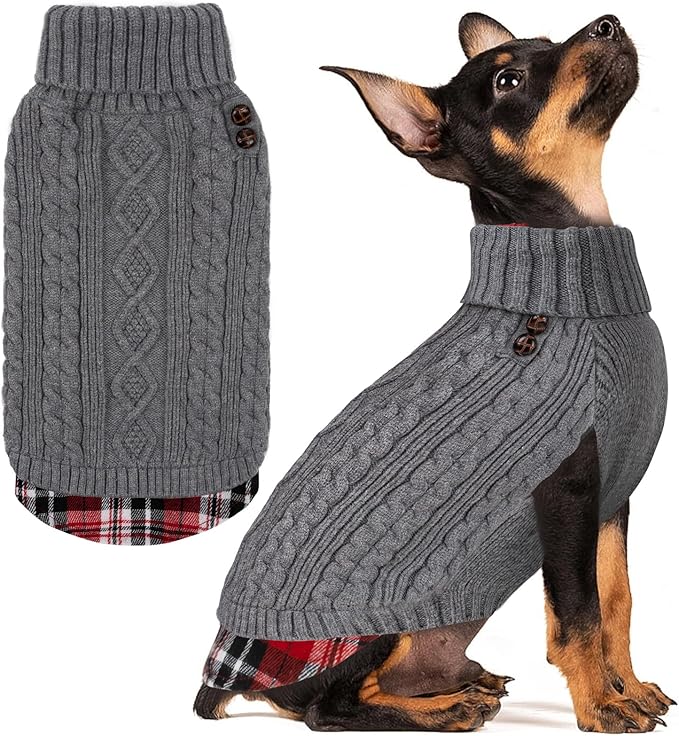 KYEESE Dog Sweater Soft Pullover Dog Sweaters for Small Dogs Male Warm Turtleneck Small Dogs Sweater with Gingham Patchwork Stretchy Knitwear Cat Clothes Thick Pet Coat for Fall Winter Cold Weather