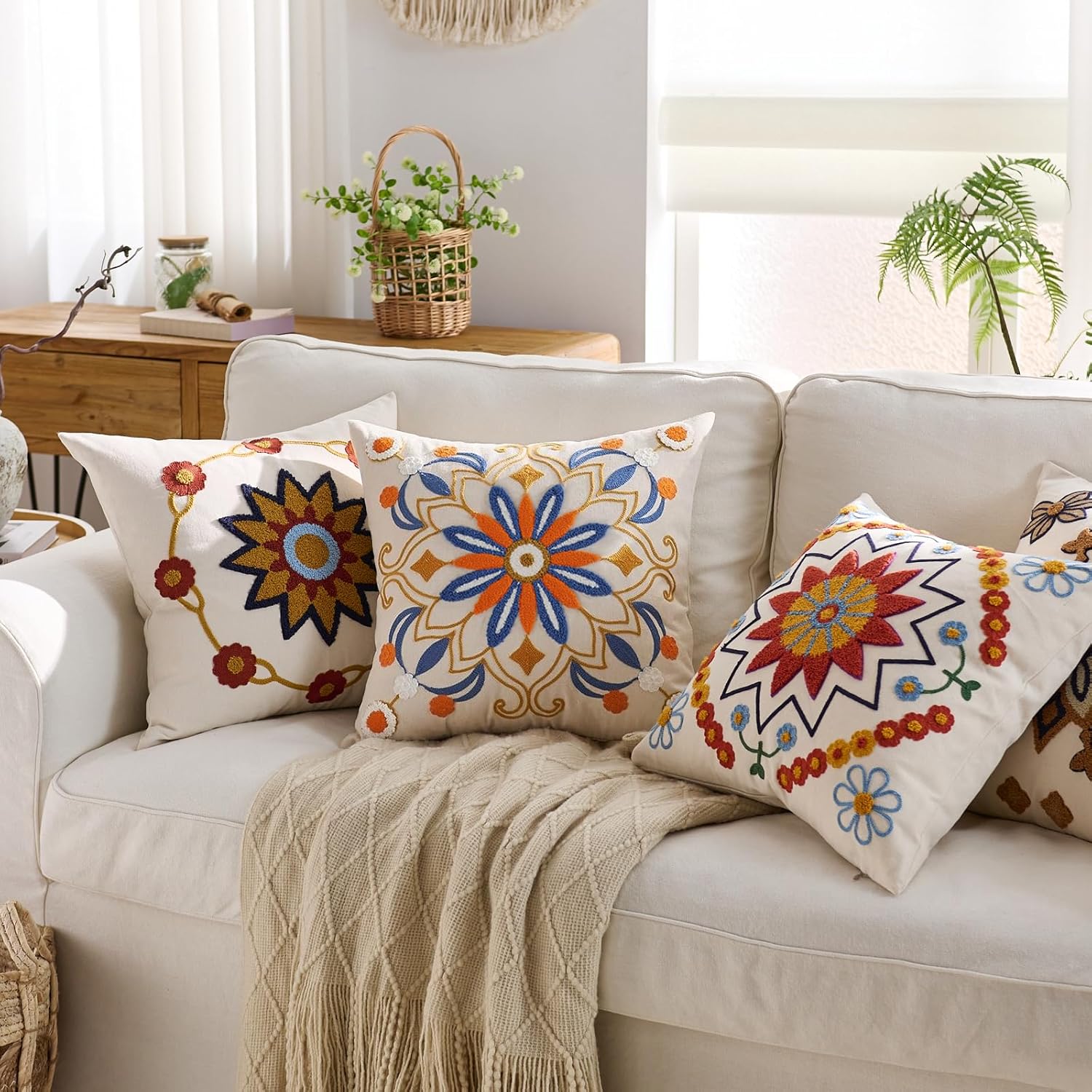 Embroidered Throw Pillow Cover 22x22 Classic Boho Floral Pattern Pillows Cover Outdoor Decorative Pillowcase,Durable Cozy Textured Cushion Case for Sofa Couch Bed Living Room,Orange Blue