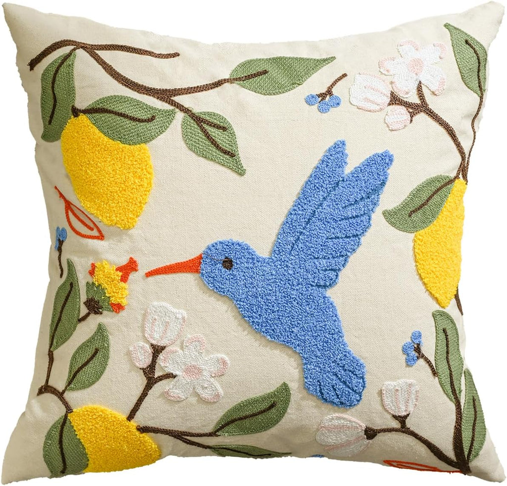 AVOIN colorlife Holiday Floral Embroidered Decorative Throw Pillow Cover, 18 x 18 Inch Bird Lemon Flowers Tufted Patterned Linen Cushion Case for Bedroom Living Room Sofa Couch