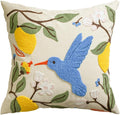 AVOIN colorlife Holiday Floral Embroidered Decorative Throw Pillow Cover, 18 x 18 Inch Bird Lemon Flowers Tufted Patterned Linen Cushion Case for Bedroom Living Room Sofa Couch