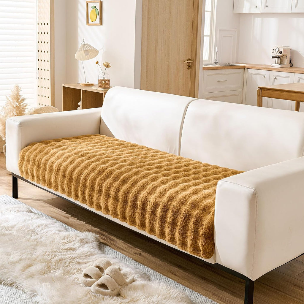 Faux Fur Couch Cover Fuzzy Soft Plush Thick Bubble Sofa Cover Luxury Sectional Couch Covers Luxury Anti-Slip Sofa Slipcover Washable Furniture Protector (Brown Yellow,36"x94")