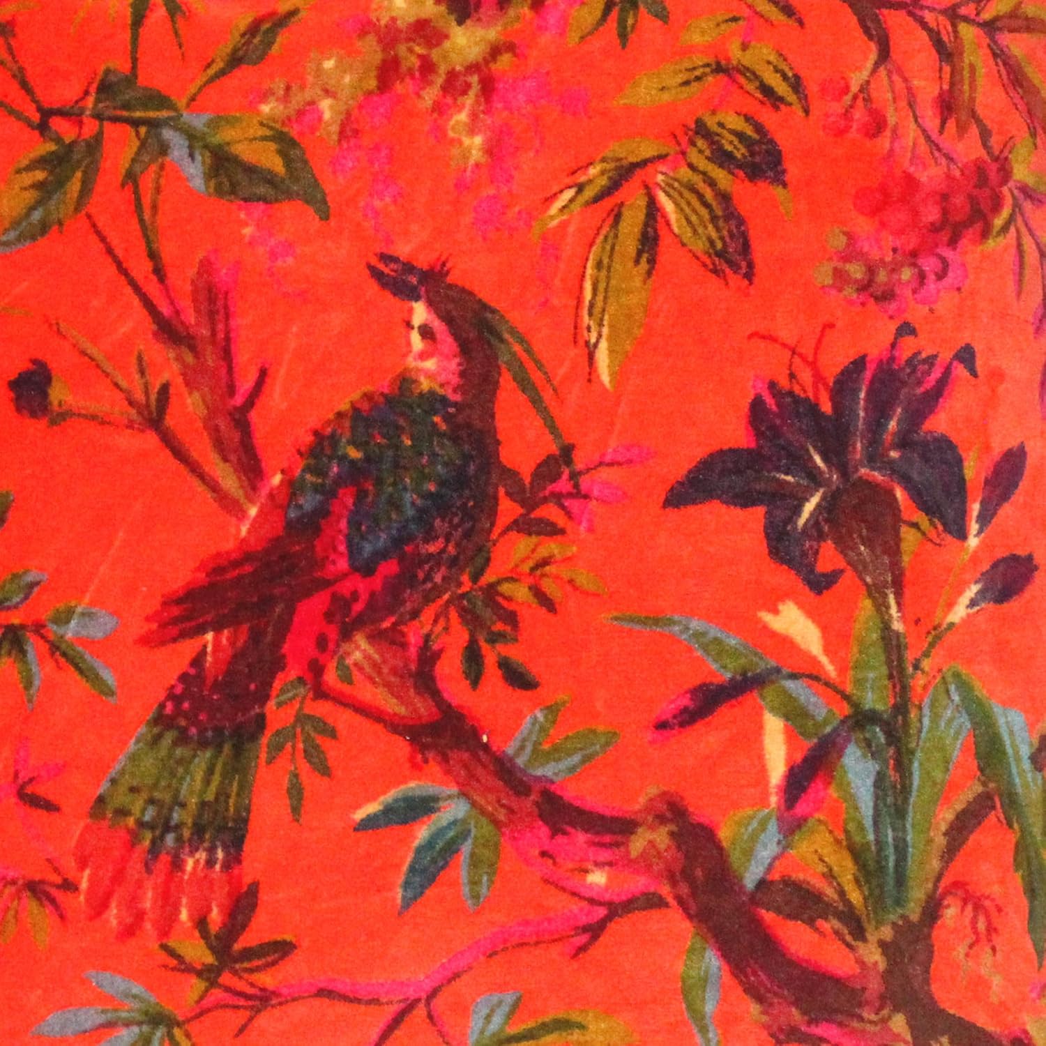 Eyes of India Velvet Floral Flower Bird Throw Pillow Sofa Cushion Cover Case Couch Colorful Boho Chic Bohemian Accent Indian Handmade (Orange, 24" x 24")