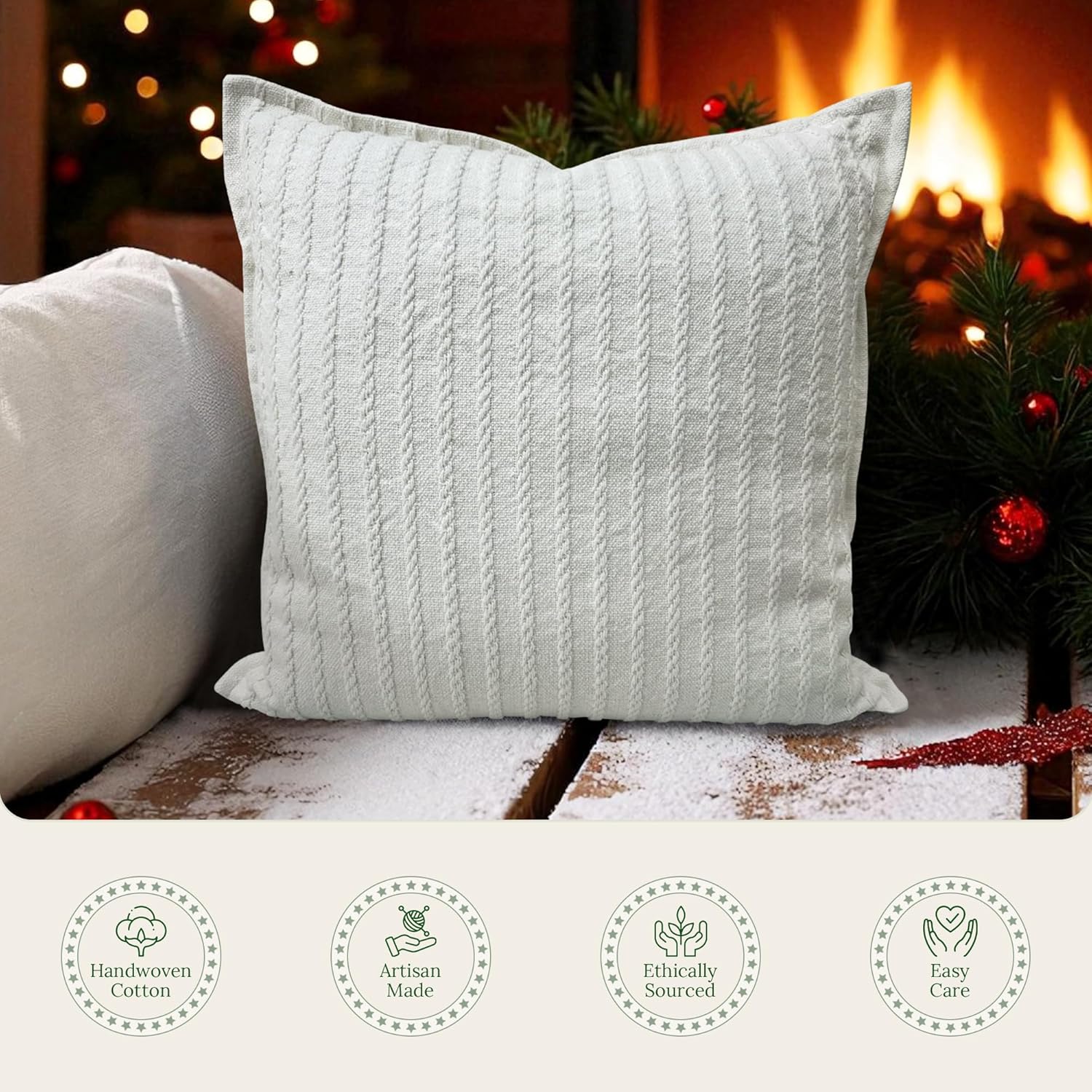 SanVia Ivory Pleat Premium Cotton Throw Pillow Covers, 20 x 20 Inches, Luxury Holiday Themed Handwoven Couch Pillow Covers, Hidden Zipper, Elegant Home Décor, Insert Not Included