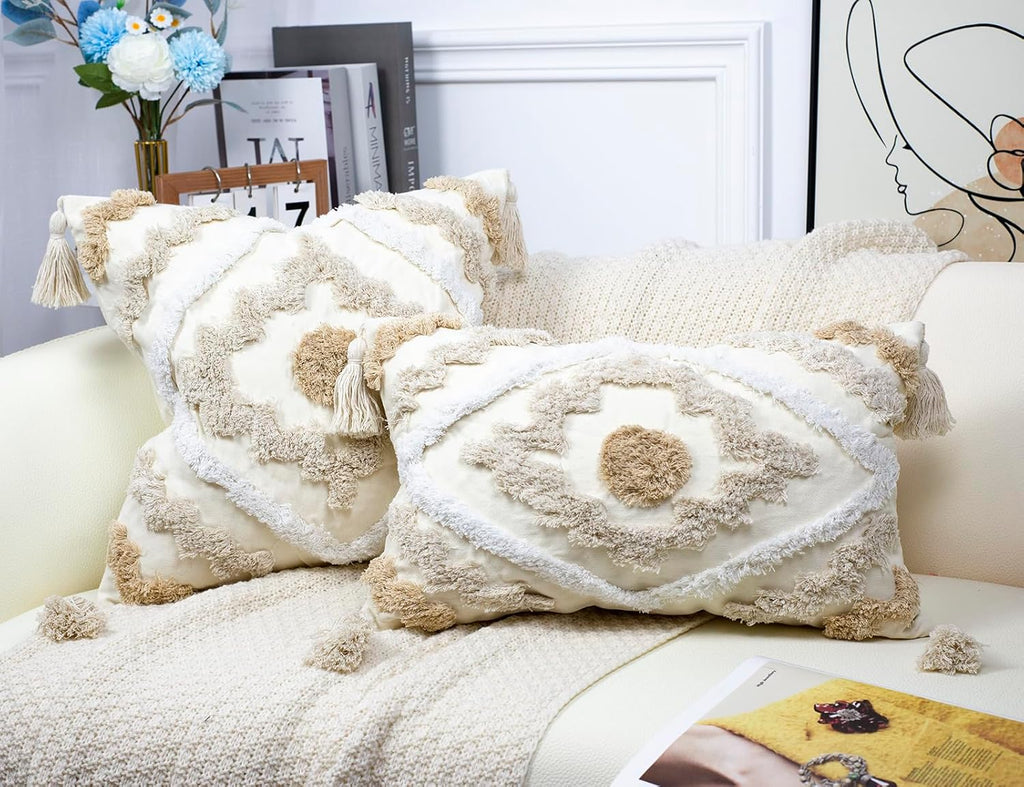 Decorative Farmhouse Throw Pillow Covers 20 x 20,Modern Neutral Couch Pillow Cover,Cotton Checked Pattern Boho Square Pillow Case Cover for Couch Bed Sofa Bedroom,Khaki&Beige&White