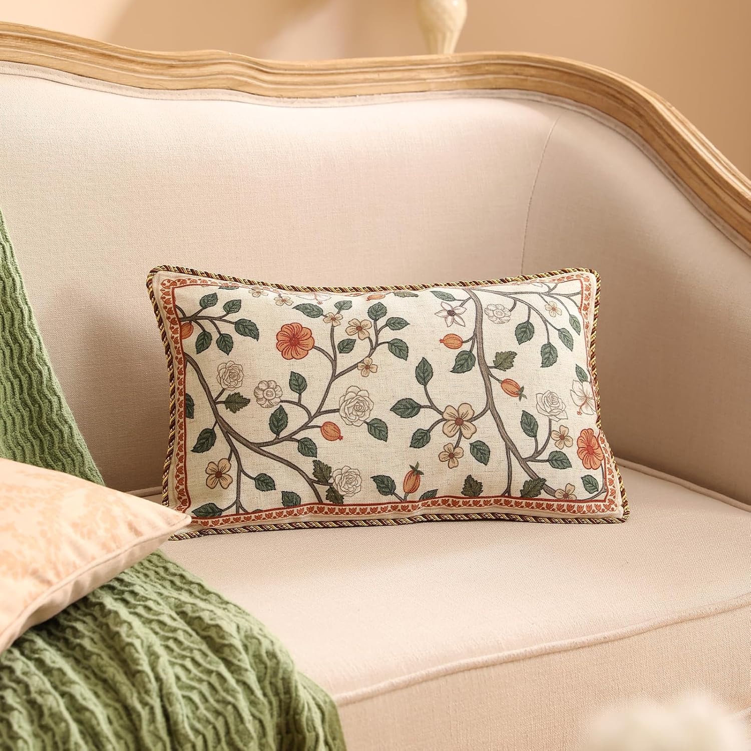 ISAENNE Design Linen Classic Throw Pillow Covers 12"x20" Pack of 2, French Farmhouse Rectangle Cushion Covers with Orange White Floral Pattern Decor Pillowcases for Bed,Living Room,Outdoor,Car