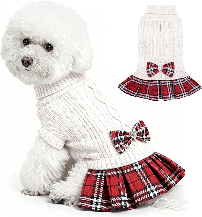 WOYYHO Girl Dog Sweater Dress with Bowtie Turtleneck Small Dogs Sweater with Leash Hole, Knitted Small Dog Sweaters Dress Puppy Winter Clothes for Yorkies Chihuahua (S, White)