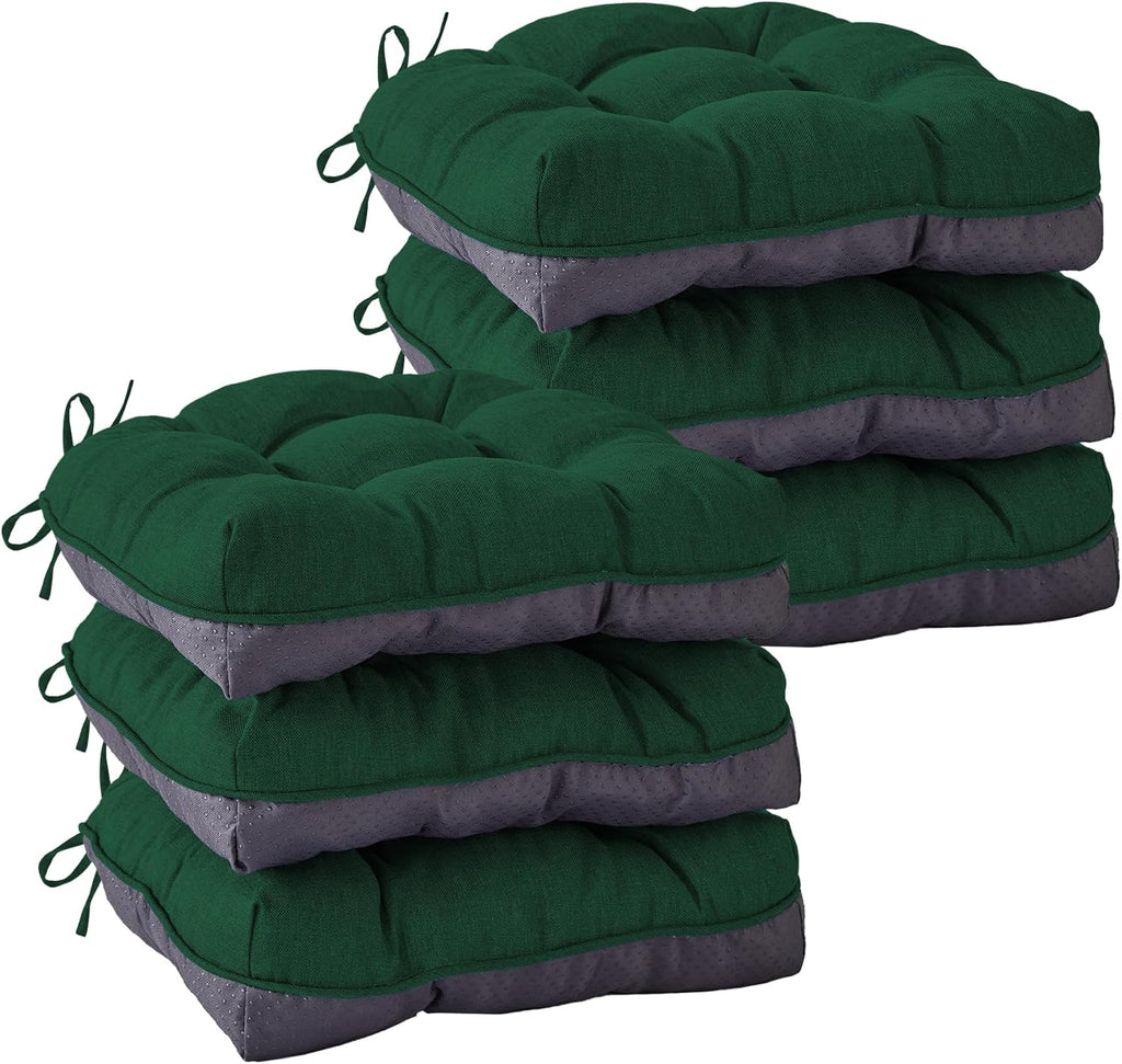 Chair Cushions for Dining Chairs, Seat Cushions for Kitchen Chairs, Indoor Seat Cushions with Ties, Tufted Foam Chair Pads, Non Slip Chair Cushions Set of 6, 15.5" x 15.5" x 4", Dark Green