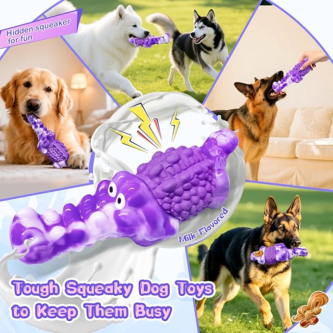 Squeaky Dog Chew Toys for Aggressive Chewers - Tough Crocodile Chew Toy for Small Medium Large Dogs, Dental Cleaning & Anxiety Relief, Boredom Buster (Purple)