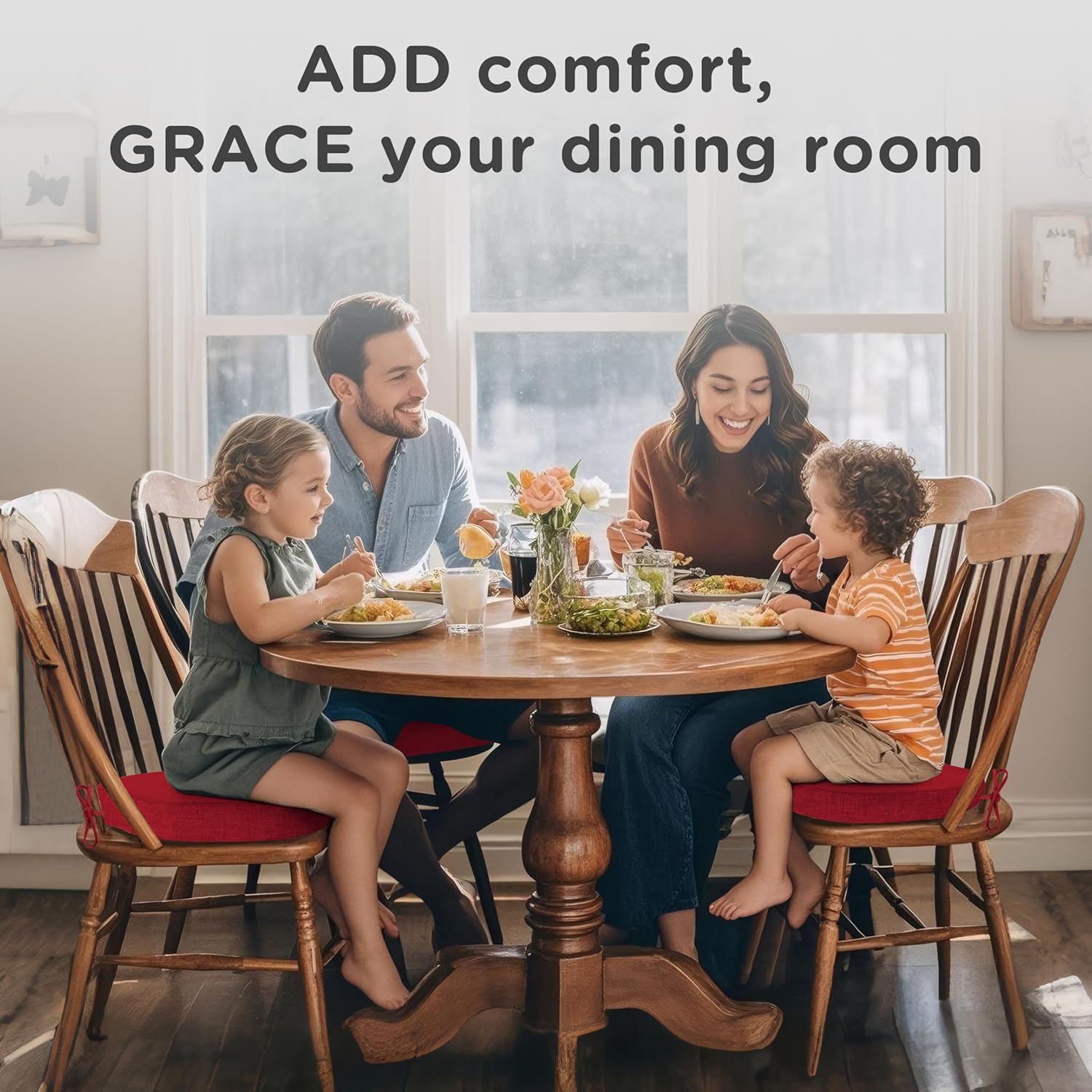 AddGrace Chair Cushions for Dining Chairs Set of 6 Windsor Kitchen Chair Cushions with Removable Textured Cover and Non Slip Bottom Indoor Chair Pads with Ties and Foam (16.5x15.5 Inches Red)