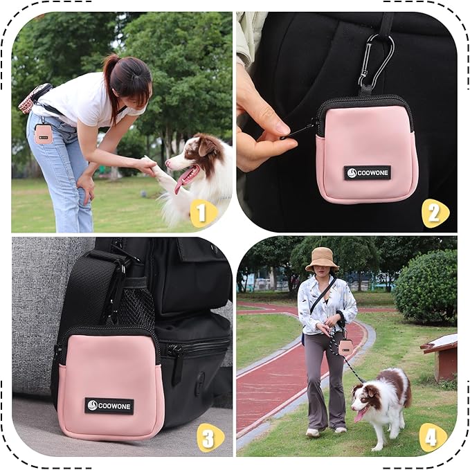 COOWONE Dog Treat Pouch Pocket Sized Pet Puppy Training Pouch for Dog Training Behavior Aids, Waterproof Nylon Fabric Dog Poop Bag Holder, Hands Free Dog Walking Bag with Metal Carabiner (Pink)