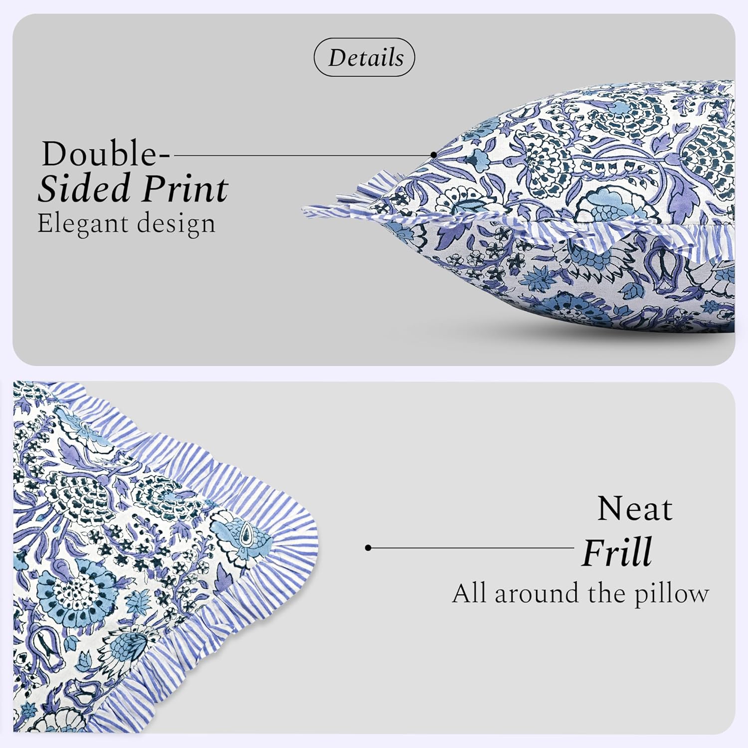 CPC Indigo Blue 100% Cotton Block Print Ruffle Sham Cover 20X36 inch Pack of 2, Handmade Boho Floral Pillowcase, Soft Decorative King Bed Pillow Cover for Bedroom Décor