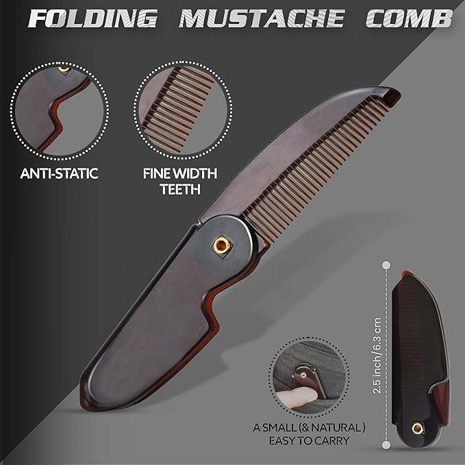 5'' German Beard Mustache Scissor- 2 Mustache Combs for Facial Hair with Beautiful Pouch -Beard Trimming Scissors for Grooming, Cutting, and Styling of Mustache (Black with Folding Comb)