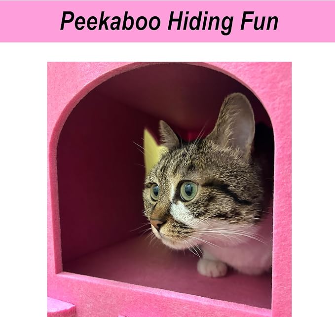 Cat House Cat Ear Design, Large Spacious Cozy Indoor Cat Bed Cave, Scratch Resistant Strong Thick Premium Felt Condo, Fun Hideaway for Multiple Cats, 21.5x13x11.6 inches (Pink)