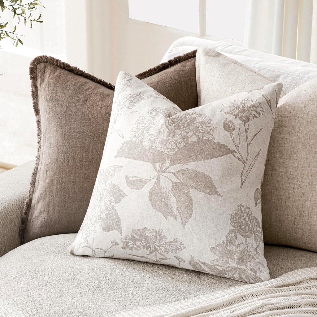 Foindtower Set of 2 Linen Floral Vintage Throw Pillow Covers Neutral Accent Decorative Cushion Covers Farmhouse Boho Home Decor for Sofa Chair Couch Bedroom Living Room,20×20 Inch,Tan Beige