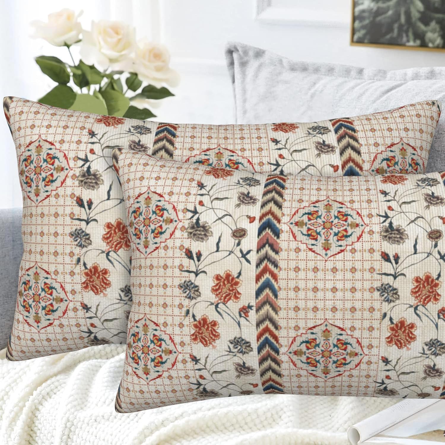 Throw Pillow Covers Boho Floral Pillow Covers 20x12 Inch Set of 2 Throw Pillows Decorative Pillow Cases Cushion Covers for Bedroom Livingroom Sofa Farm House