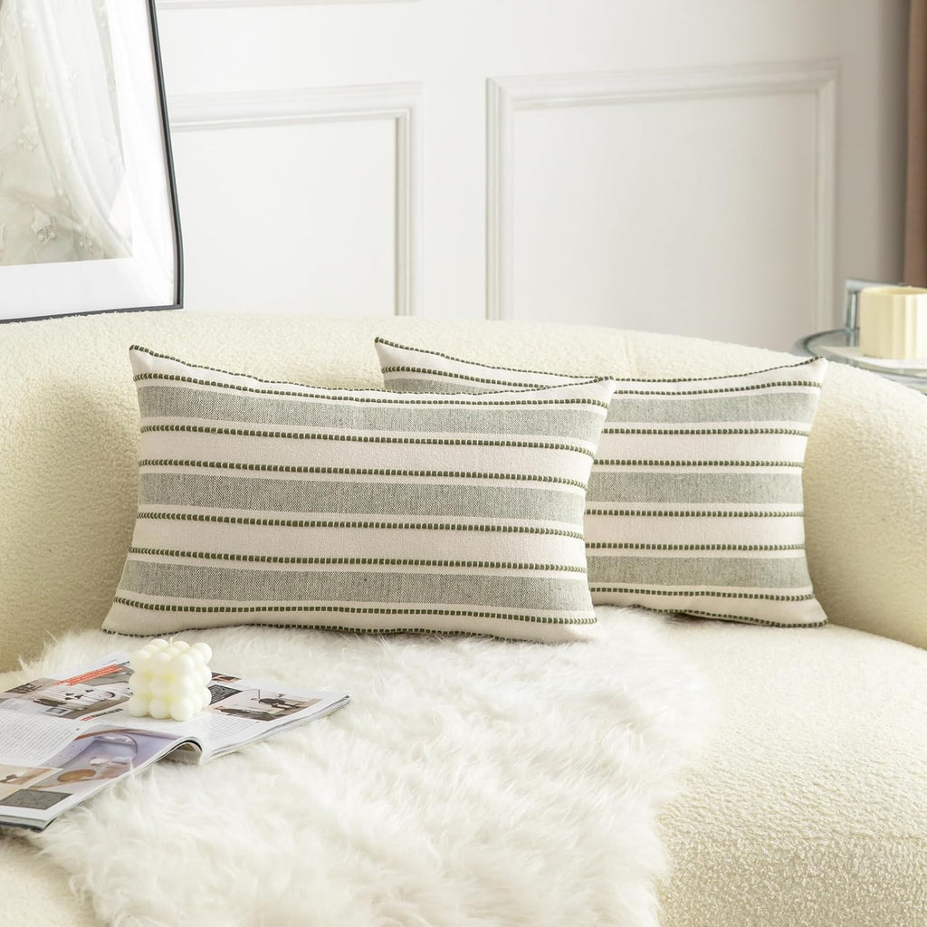 Decorative Boho Lumbar Throw Pillow Covers, Farmhouse Textured Pillow Case, 12 x 20 Inch Set of 2, Chair Sofa Bedroom Living Room Home Decor Couch Cushion Case, Olive Green and Beige