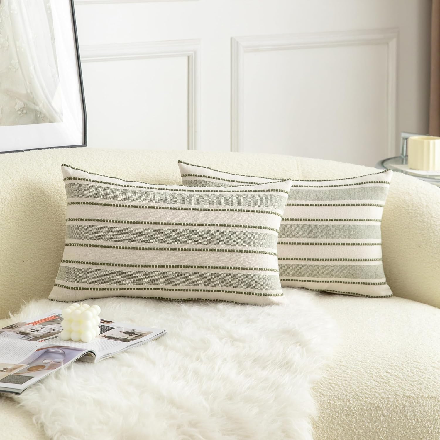 Decorative Boho Lumbar Throw Pillow Covers, Farmhouse Textured Pillow Case, 12 x 20 Inch Set of 2, Chair Sofa Bedroom Living Room Home Decor Couch Cushion Case, Olive Green and Beige