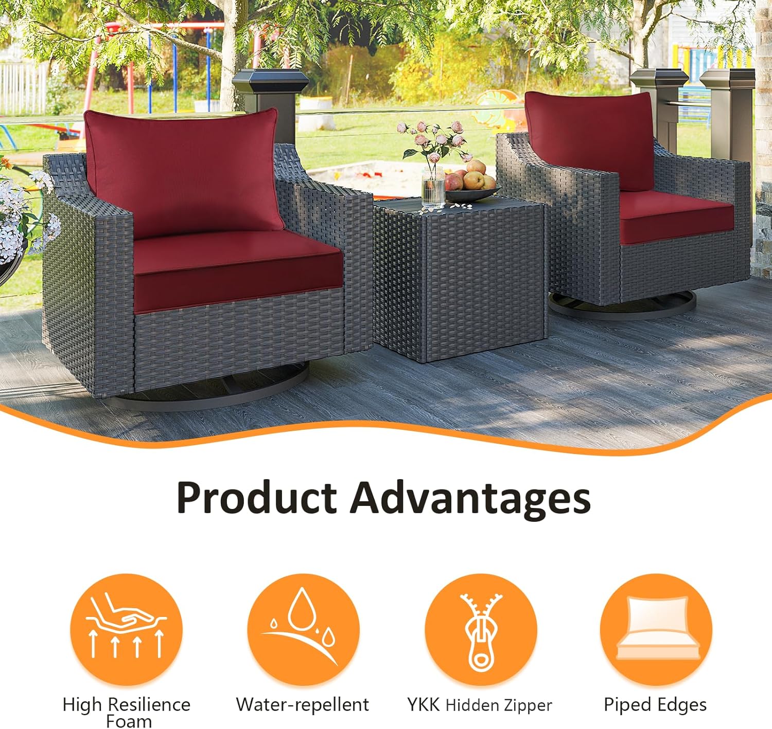 Outdoor Patio Chair Cushions Set, 24" x 24", Set of 2, Water-Repellent, Fade Resistant, Deep Seat Bottom and Back Cushion for Backyard, Couch, Sofa and Patio Furniture, Red