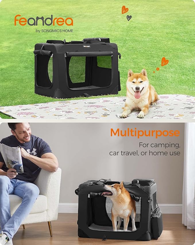 Feandrea 28 Inches Collapsible Soft Dog Crate, Portable Travel Dog Crate for Indoor and Outdoor Use, Dog Carrier Kennel with Safety Zippers, for Living Room, Car, Travelling, Black UPDC70H