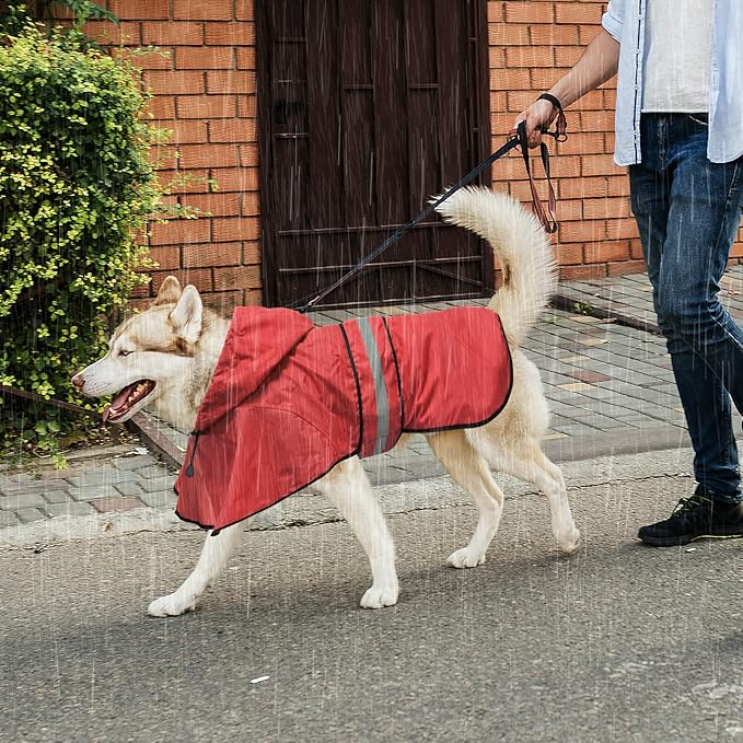 Reflective Dog Raincoats Hooded - Waterproof Lightweight Dog Raincoat Slicker Poncho, Adjustable Safety Dog Rain Coat Jacket for Small, Medium, Large Dogs (Medium, RED)