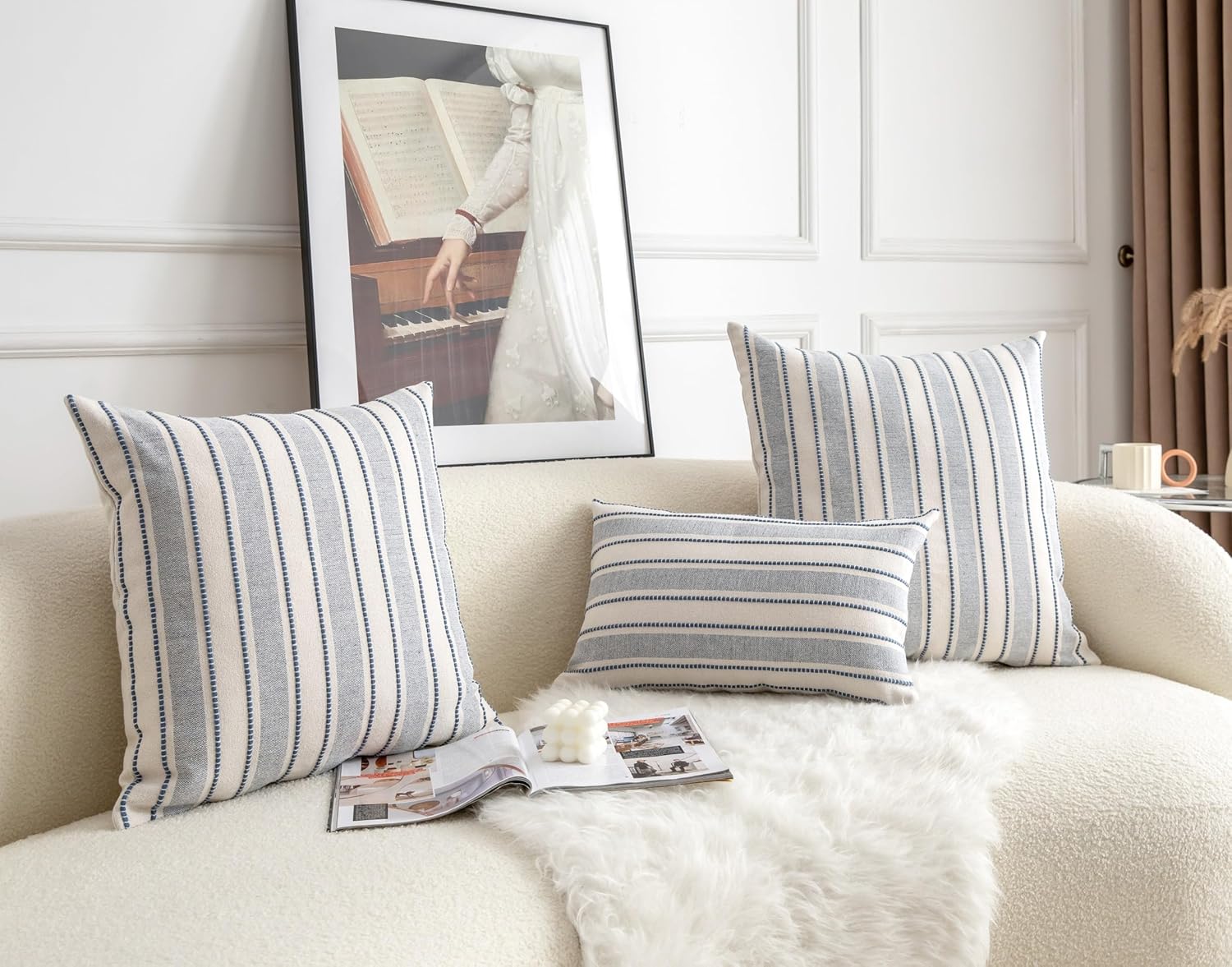 Decorative Boho Lumbar Throw Pillow Covers, Farmhouse Textured Pillow Case, 12 x 20 Inch Set of 2, Chair Sofa Bedroom Living Room Home Decor Couch Cushion Case, Classic Blue and Beige