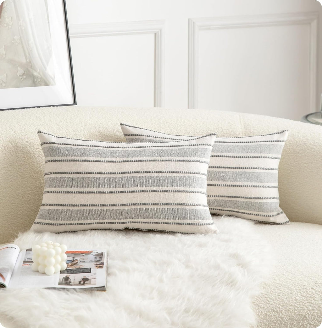 Decorative Boho Lumbar Throw Pillow Covers, Farmhouse Textured Pillow Case, 12 x 20 Inch Set of 2, Chair Sofa Bedroom Living Room Home Decor Couch Cushion Case, Grey and Beige