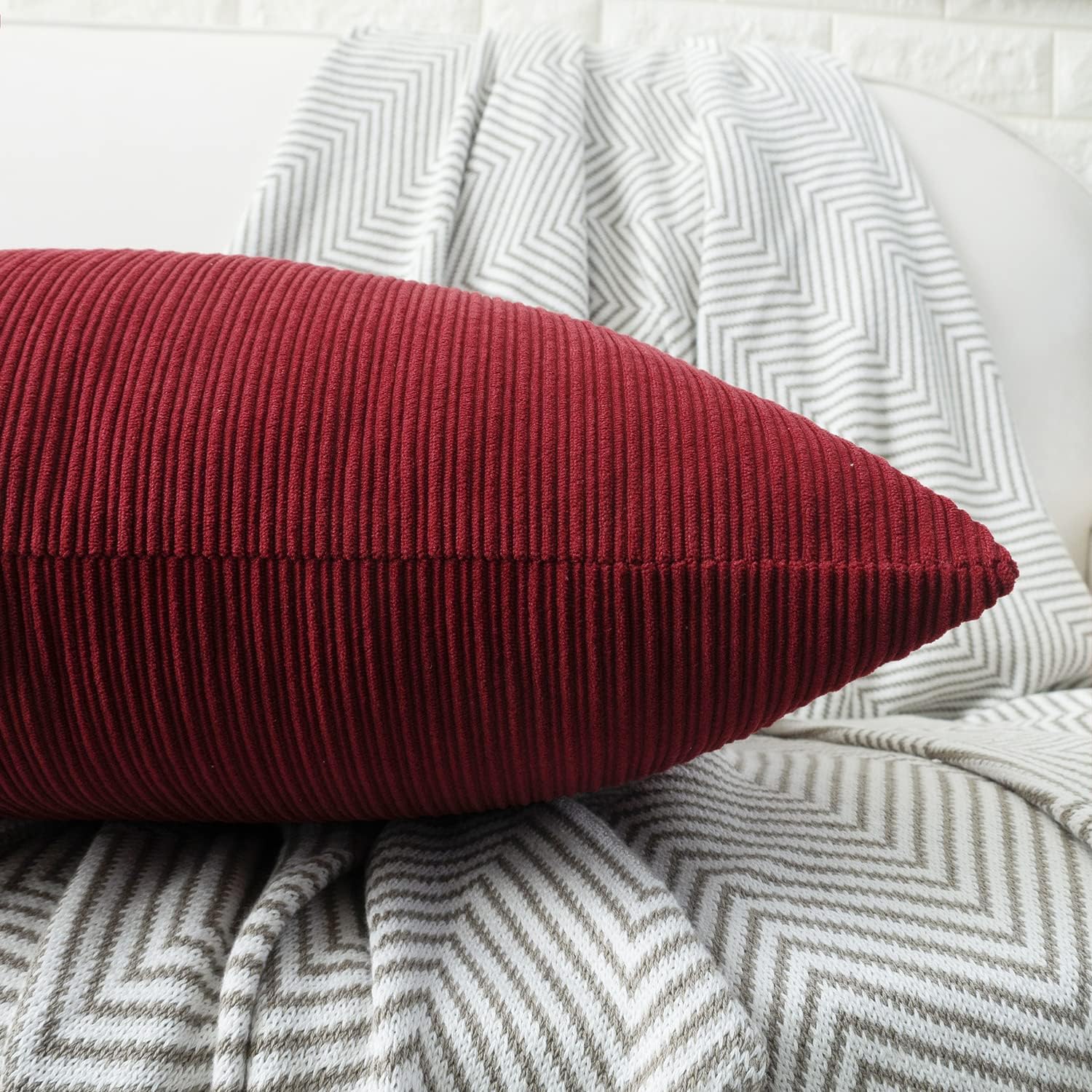 HWY 50 Burgundy Red Chenille Throw Pillow Covers 12x20 Inch with Triple Buttons, Soft Farmhouse Accent Decorative Cushion Cases for Couch Sofa Living Room Pack of 2 Rectangle