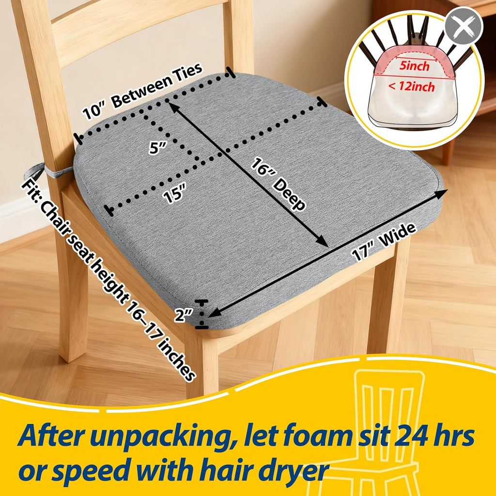 AAAAAcessories D-Shaped Chair Cushions, 2" Thick Dining Chair Pads with Ties and Removable, Machine-Washable Cover, 17" x 16", Set of 6, Gray