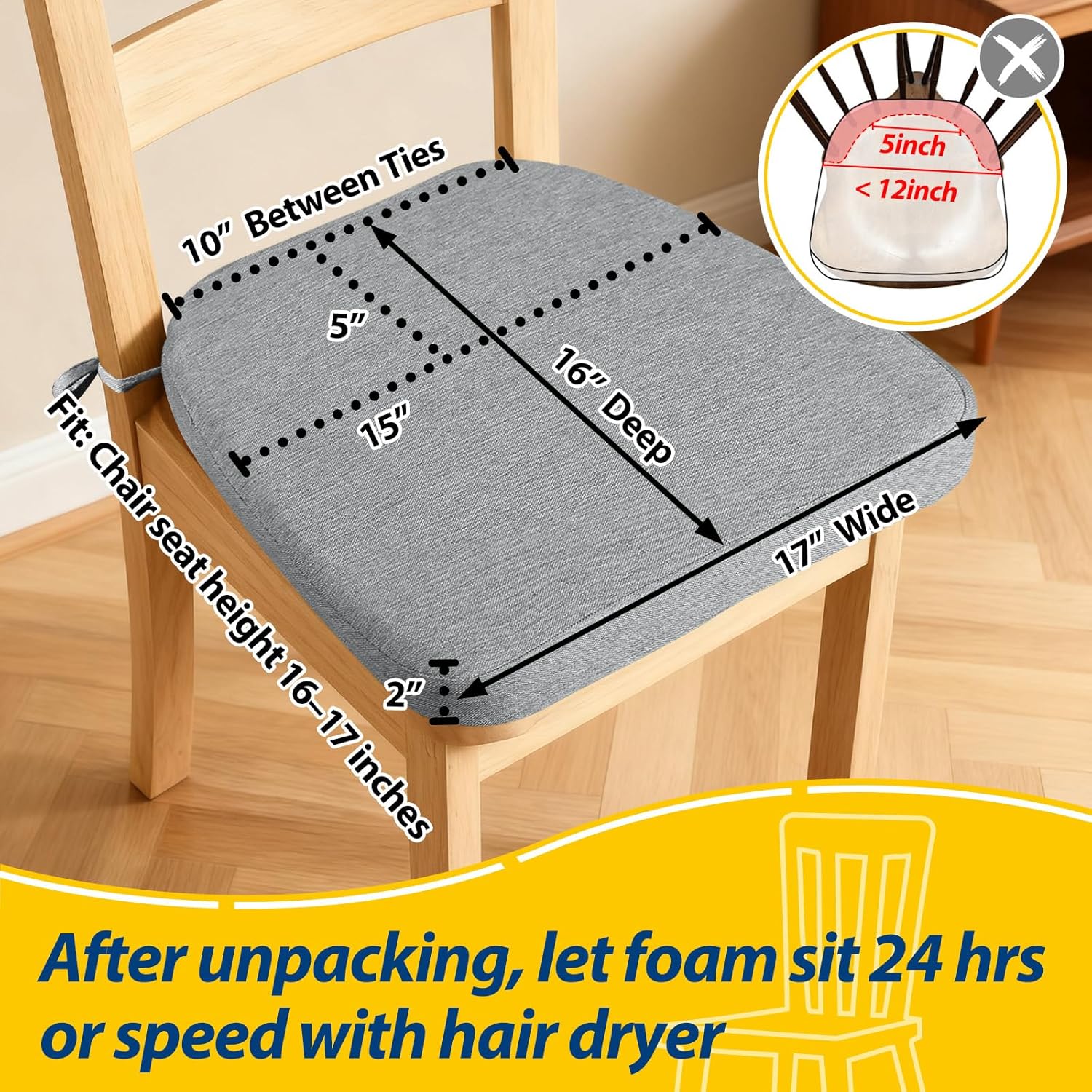 AAAAAcessories D-Shaped Chair Cushions, 2" Thick Dining Chair Pads with Ties and Removable, Machine-Washable Cover, 17" x 16", Set of 6, Gray