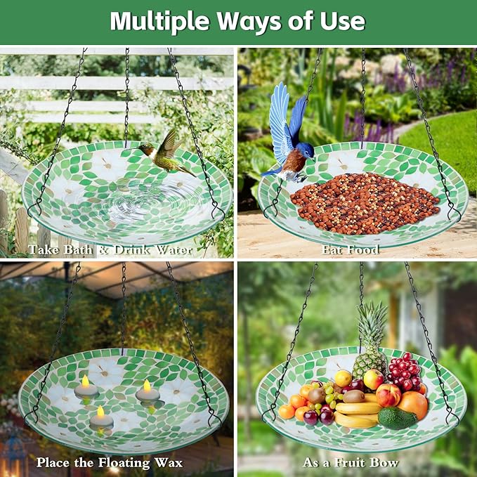 MUMTOP Mosaic Hanging Bird Bath-Bird Baths for Outdoors - 12 Inch Glass Birdbath Bird Water Bowl Bird Feeders for Outside, Garden, Lawn Yard Decor（Flower & Leaf）