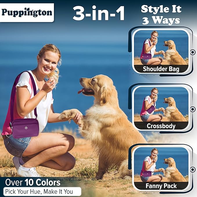 Puppington 3-in-1 Crossbody Dog Walking Bag & Treat Pouch with Matching Planet Safe Poop Bags & Built-In Dispenser - Dog Mom Gift for Puppy Training with Zippered Pockets (Plum Wine)