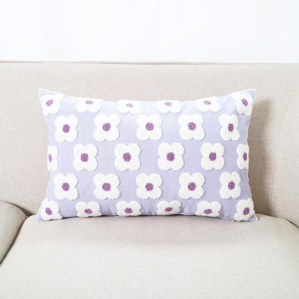 DECOBIRD Embroidery Throw Pillow Cover 12x20 Light Purple Floral Design Home Decor Loop Embroidered Pillow Case Thick Cotton Canvas Square Cushion Cover for Couch 30x50cm, 4 Petal Flowers 1 Piece