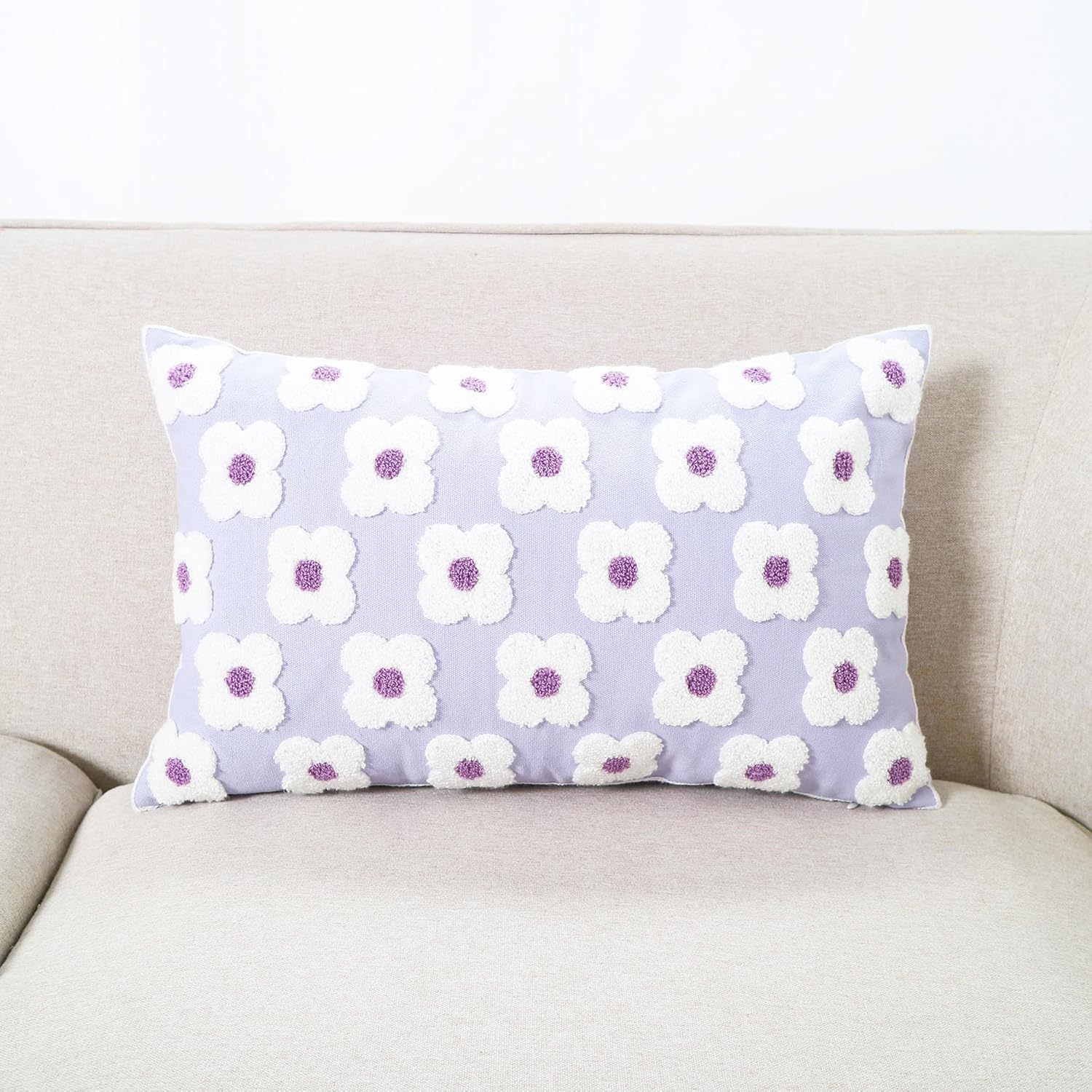 DECOBIRD Embroidery Throw Pillow Cover 12x20 Light Purple Floral Design Home Decor Loop Embroidered Pillow Case Thick Cotton Canvas Square Cushion Cover for Couch 30x50cm, 4 Petal Flowers 1 Piece