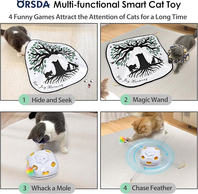 ORSDA Cat Toys for Indoor Cats 4 in 1 Interactive Automatic Cat Toys for Bored Indoor Adult Cats Kitten Toy Rechargeable 8 Hole Mice Whack-A-Mole, Hide and Seek, Moving Feather, 5PCS DIY Replacement