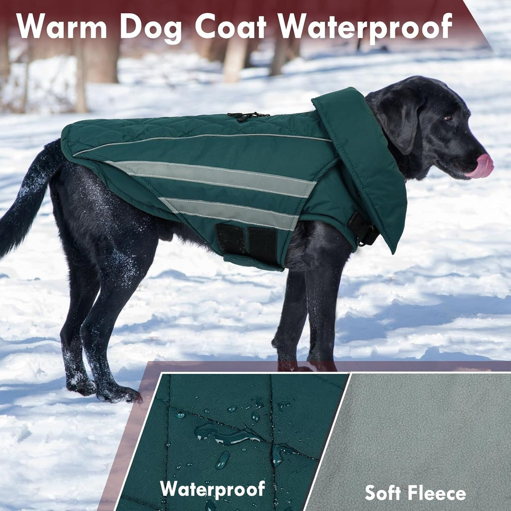 Dog Jacket for Large Dogs Winter Coat with Harness Hole Waterproof Reflective Turtleneck Snowsuit Adjustable Hook & Loop Cold Weather Coats for Dogs Border Collie Pitbull, Green 2XL
