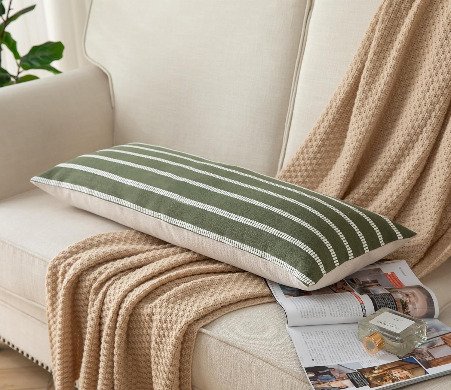 Caflife Boho Lumbar Throw Pillow Cover 14X36 Long Soft Farmhouse Decorative Couch Pillow Cases Green Striped Body Pillow Covers Neutral Cushion Covers for Sofa Bed Living Room Home Decor Pack of 1