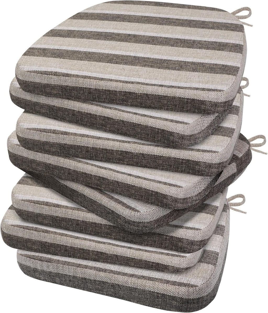 AAAAAcessories D-Shaped Chair Cushions, 2" Thick Dining Chair Pads with Ties and Removable, Machine-Washable Cover, 17" x 16", Set of 8, Boldstripes Chocolate/Beige