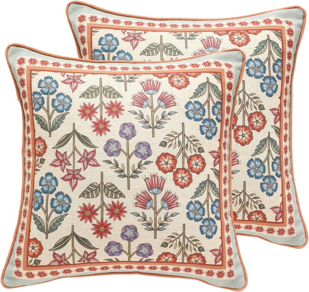 Blue Throw Pillow Covers Set of 2,Cottage Rustic Farmhouse with Wild Flowers Pattern Linen Pillowcases,Decorative Square Pillows Cushion Cover for Couch Sofa Bed Chair Car,18x18 Inches