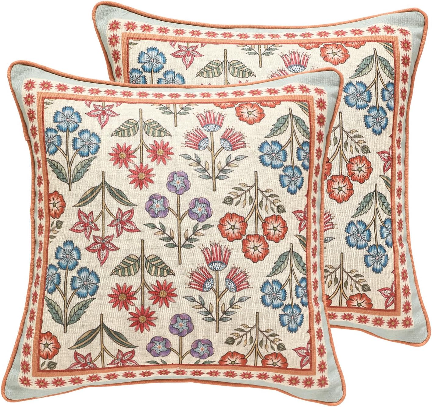 Blue Throw Pillow Covers Set of 2,Cottage Rustic Farmhouse with Wild Flowers Pattern Linen Pillowcases,Decorative Square Pillows Cushion Cover for Couch Sofa Bed Chair Car,18x18 Inches