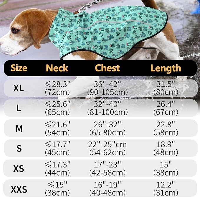 Mile High Life Dog Raincoat, Adjustable Waterproof Reflective Rain Jacket for Small Medium Large Dogs, Lightweight Breathable Pet Rain Coat with Leash Hole(Green Cactus,XS Chest 17-23")