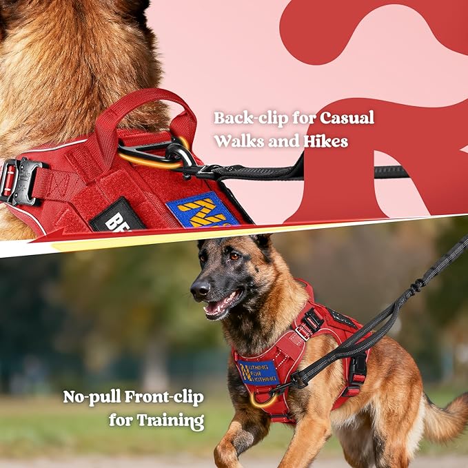 rabbitgoo Tactical Dog Harness for Large Dogs, No Pull Upgraded Reflective Heavy Duty Molle Vest with Handle, Adjustable Military Service Dog Vest for Walking Hiking Training, Red, L