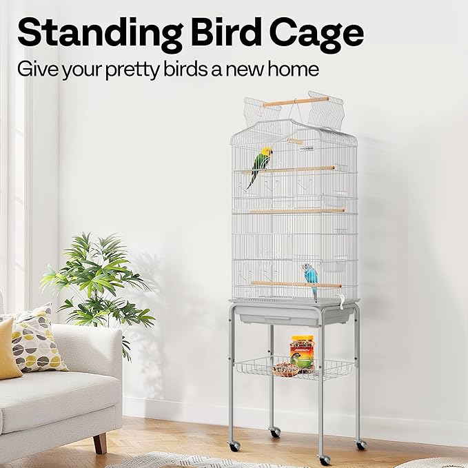VIVOHOME 64 Inch Bird Cage with Play Top and Rolling Stand for Parrots Conures Lovebird Cockatiel Parakeets Gray