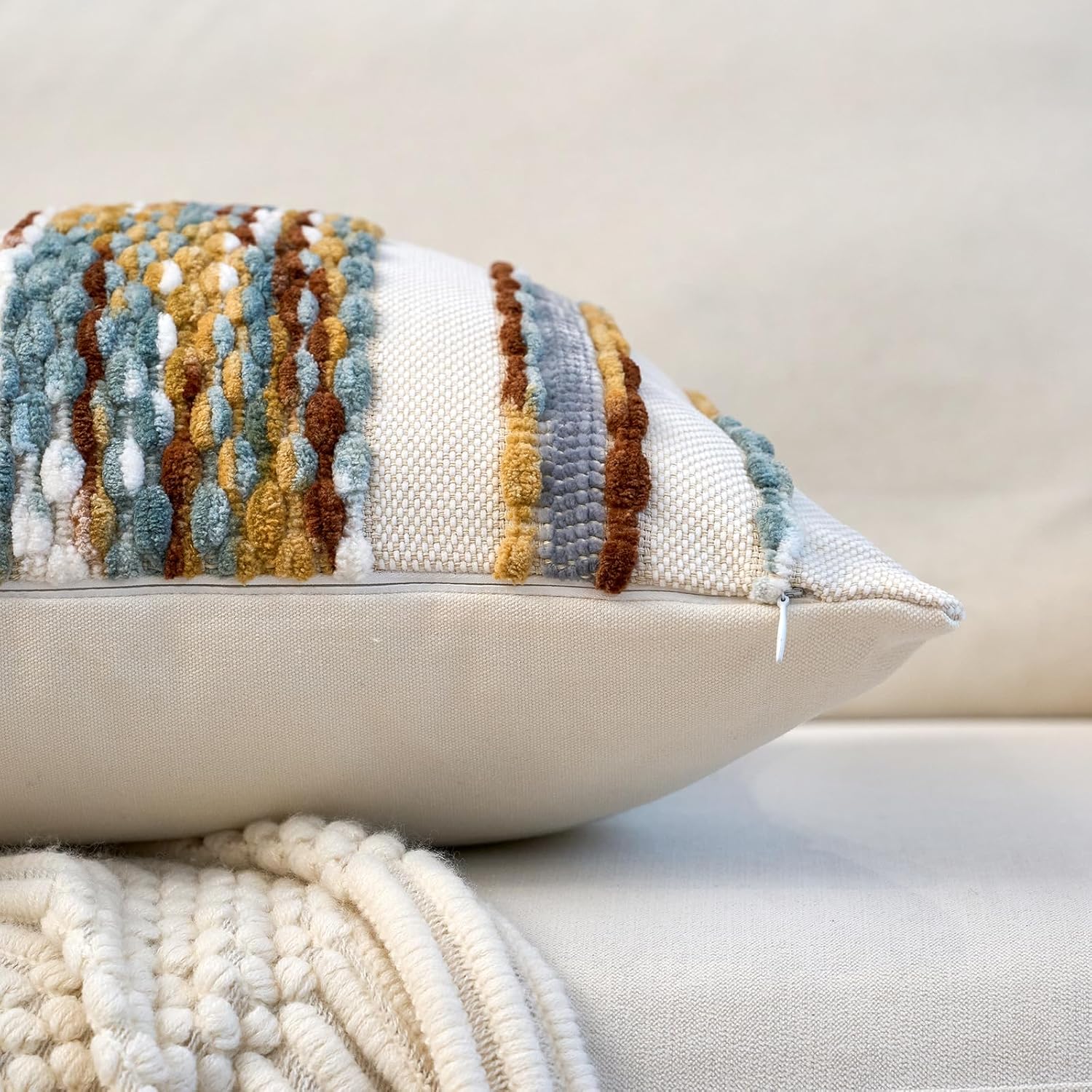 Aeckself Boho Pillow Covers 18x18 Inch Set of 2, Farmhouse Decorative Striped Square Chenille Tufted Accent Neutral Throw Pillow Covers for Living Room Couch Bed, Orange White