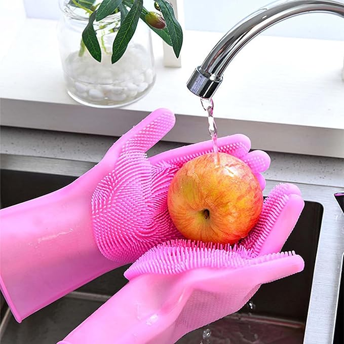 Pet Grooming Gloves，Heat-Resistant Silicone Gloves with High-Density Teeth for Enhanced Massaging and Bathing of Dogs and Cats (Pink, 2 Pair)