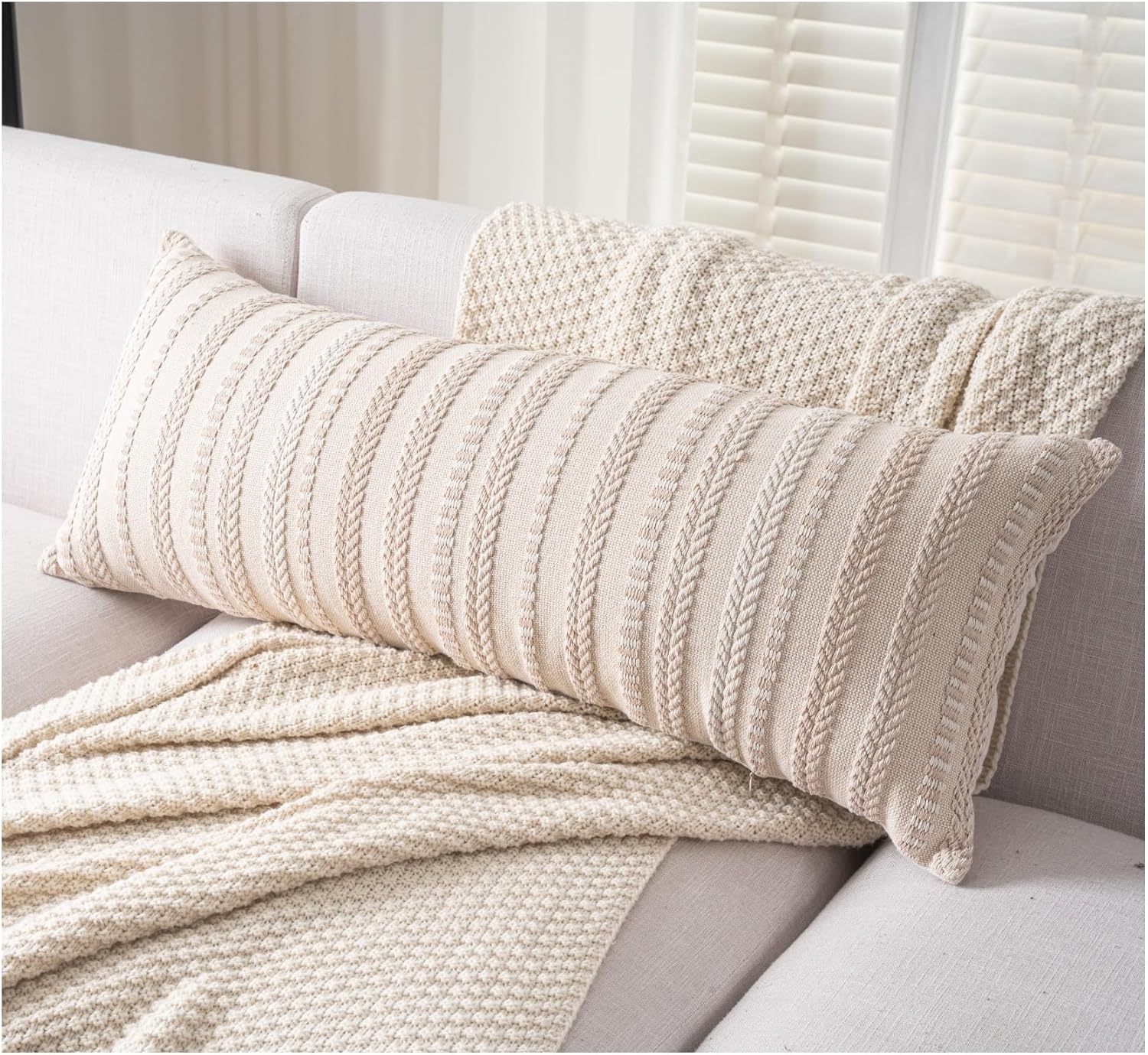 Boho Lumbar Pillow Covers 14x36 Long, Farmhouse Decorative Couch Pillow Cases, Beige Accent Pillows of Bed, Sofa Bedroom Living Room Home Decor Cushion Cover, Pack of 1