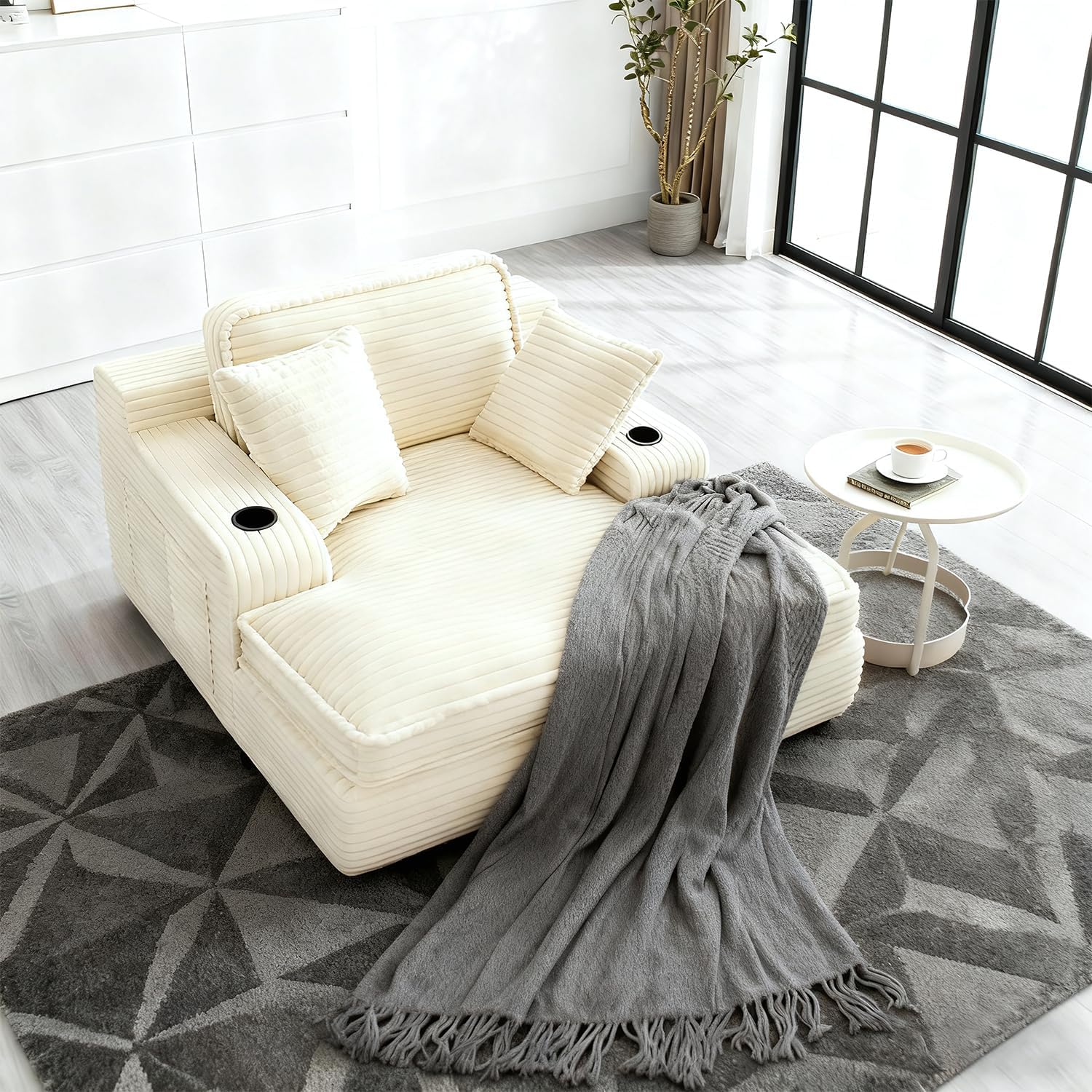 67" Oversized Fluffy Sleeper Chair Indoor, Cozy Cloud Couch with Cup Holders & Throw Pillows, Boneless Chaise Lounge Sofa for Living Room, Movie Room and Apartments, Beige