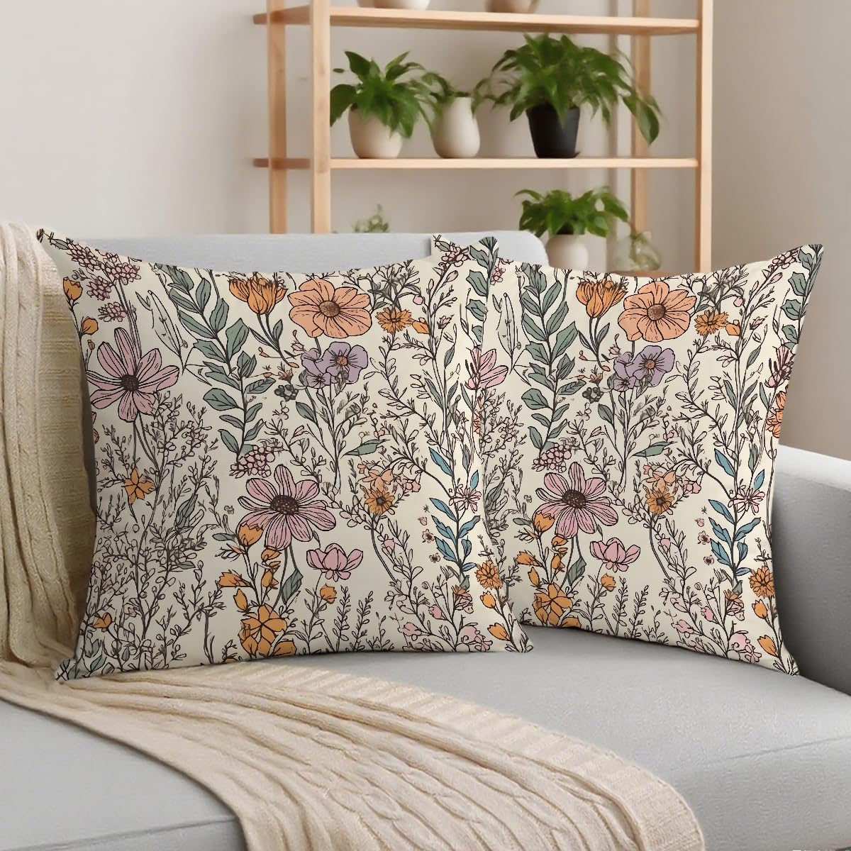 2 Pcs Vintage Floral Throw Pillow Covers, Spring Decorative Throw Pillow Cases Boho Cushion Covers Rustic Decoration for Couch Sofa Bed Bedroom Apartment Dorm Living Room Office Home Decor