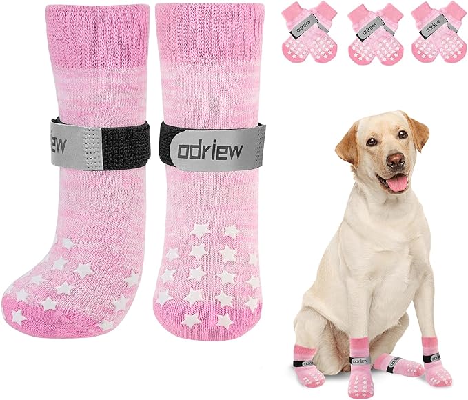 Non Slip Dog Socks to Prevent Licking Paws - Dog Booties for Hardwood Floors Anti Slip - Grippy Socks for Senior Dog - Double Side Paw Protector Prevent Scratching for Hot Pavement. (Pink, L)