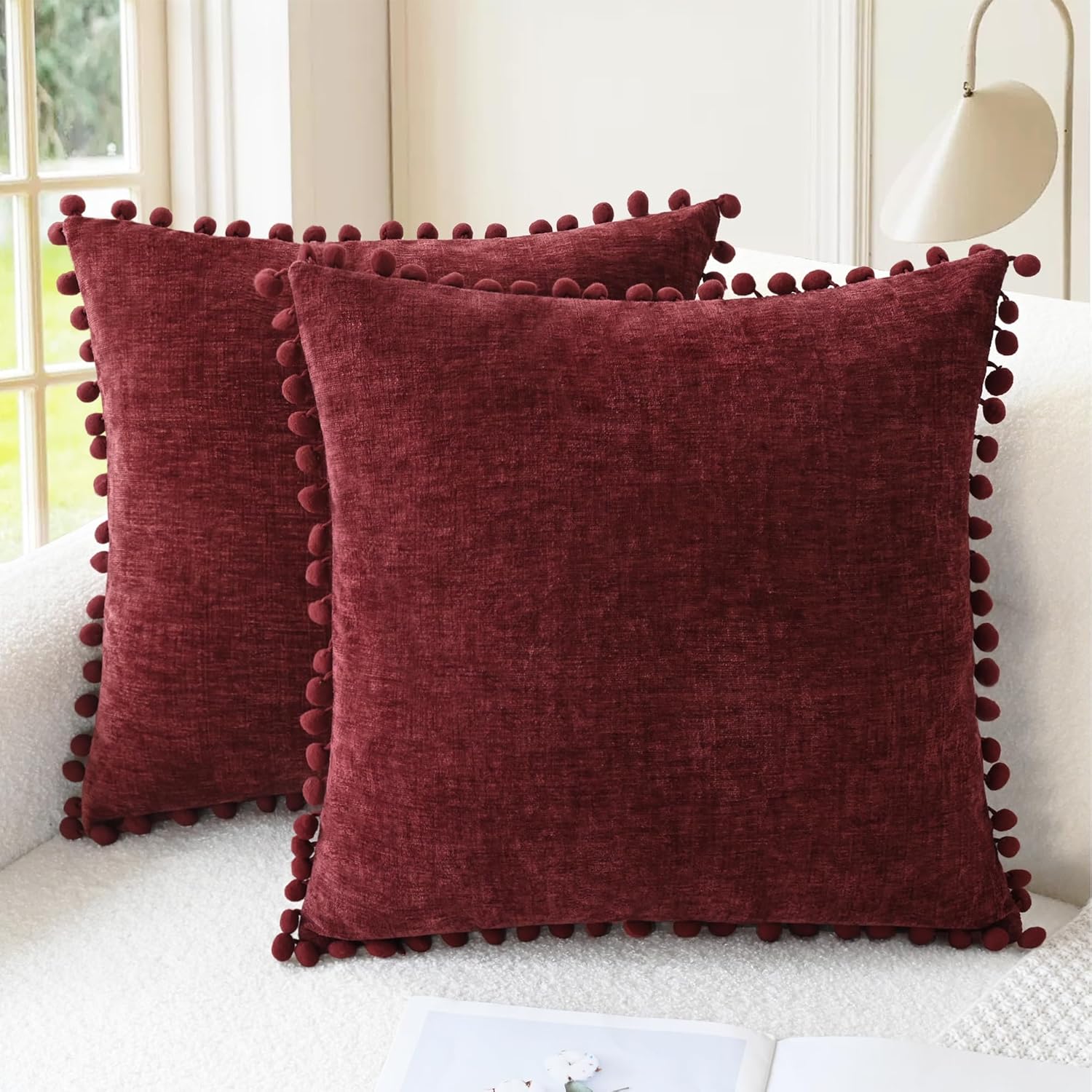 CaliTime Christmas Throw Pillow Covers Decorative 16 X 16 Inches Pack of 2 Cozy Solid Dyed Soft Chenille Cushion Cases with Pom Poms for Couch Sofa Bed Living Room Home Burgundy