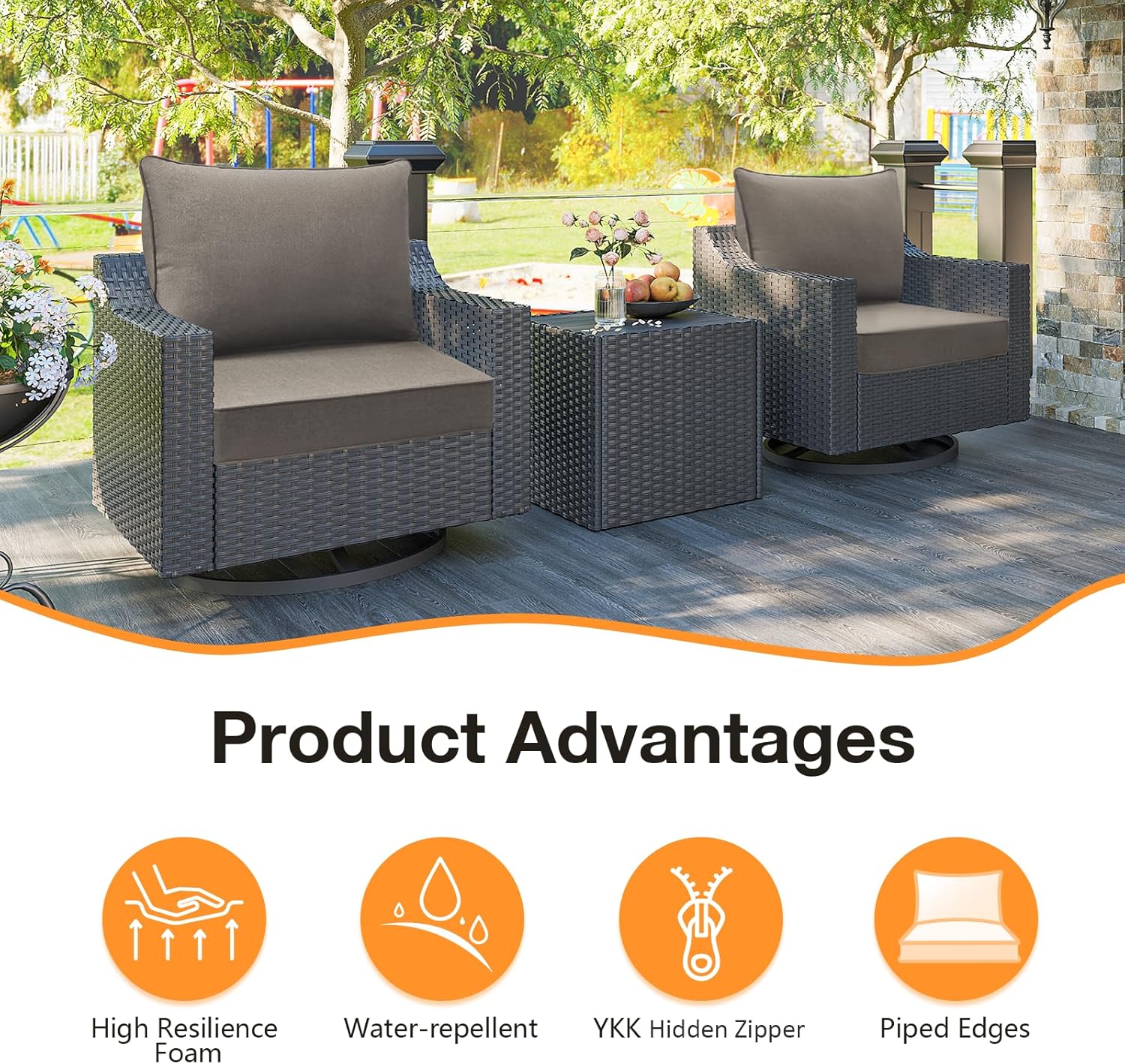 Sunbrella Outdoor Patio Chair Cushions Set, 24" x 24", Set of 2, Water-Repellent, Fade Resistant, Deep Seat Cushion for Backyard, Couch, Sofa and Patio Furniture, Cast Shale